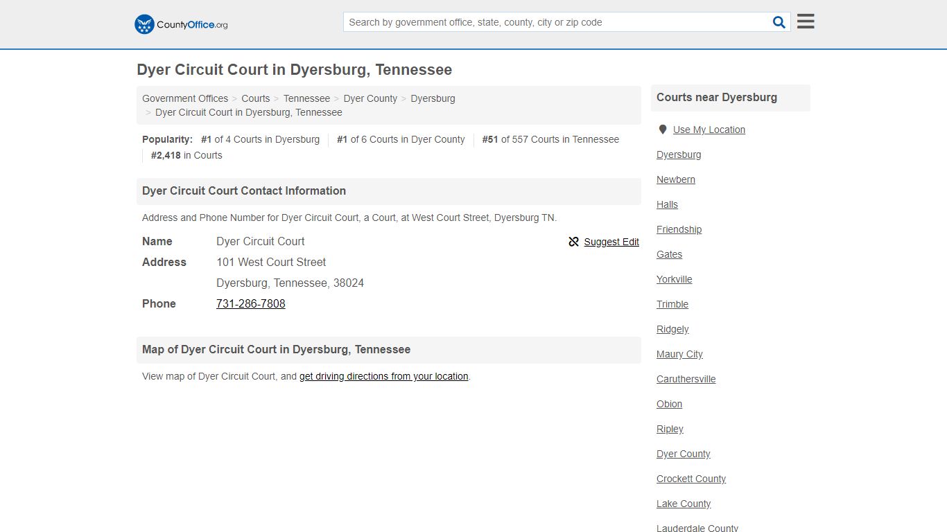 Dyer Circuit Court - Dyersburg, TN (Address and Phone) - County Office
